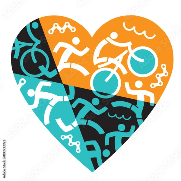Obraz I love fitness, triathlon, running, swimming, cycling.
 Illustration with colorful heart symbol with triathlon athletes, swimmers, cyclists, runners. Useful as t-shirt design. Vector available.	