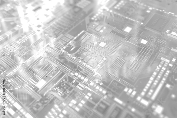 Fototapeta Abstract translucent electronics circuit board with glowing light white tone for background in concept technology, A.I., AI, digital, quantum computing