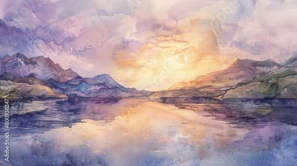 Fototapeta Peaceful watercolor scene of a quiet river flowing under a twilight sky, the smooth water reflecting the calming colors above