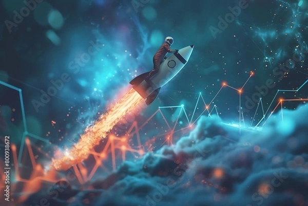 Fototapeta A motivational depiction of a businessman on a rocket, ascending above a graph with rising profits
