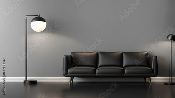 Fototapeta A black couch sits in front of a wall with a lamp on the floor