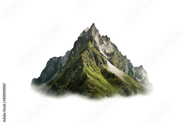 Fototapeta Majestic snow-capped mountain peak rising with rugged slopes against a transparent isolated background. Generative AI