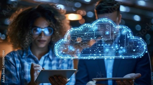 Obraz In a modern office setting, a consultant explains cloud solutions to a client during cloud technology services