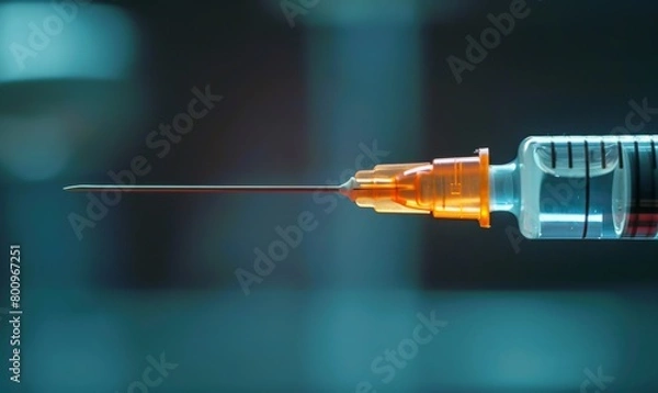 Fototapeta Close-up of a medical syringe tip against a dark background