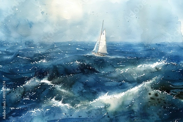 Fototapeta Paint a serene seascape with a lone sailboat navigating stormy waters in watercolor Utilize an overhead perspective to convey isolation and perseverance amidst chaos in a subtle, emotional manner