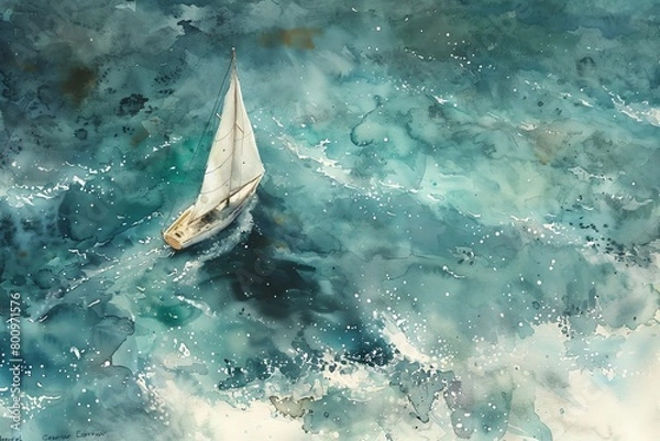 Fototapeta Paint a serene seascape with a lone sailboat navigating stormy waters in watercolor Utilize an overhead perspective to convey isolation and perseverance amidst chaos in a subtle, emotional manner
