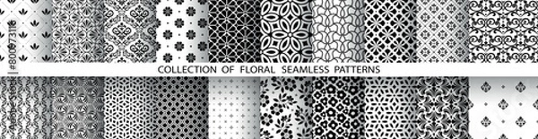 Fototapeta Geometric floral set of seamless patterns. White and black vector backgrounds. Damask graphic ornaments.