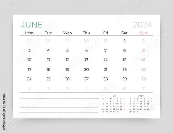 Fototapeta Calendar for June 2024 year. Planner calender template. Week starts Monday. Monthly organizer. Desk corporate diary. Timetable layout. Table schedule grid. Vector simple illustration. Paper size A5