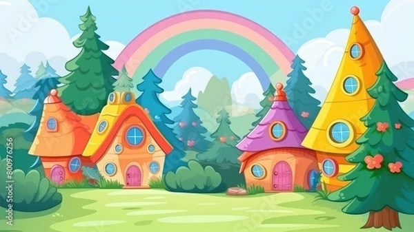 Obraz Whimsical Forest Homes with Rainbow Overhead