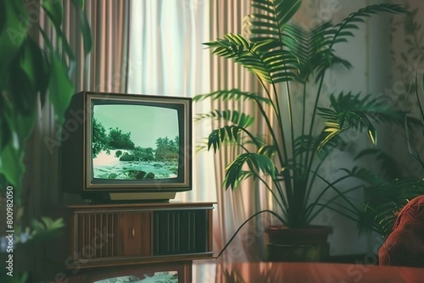 Fototapeta A tranquil scene of an early 2000s television showing a nature documentary, the calm narration and rhythmic visuals blending together The retro style of the TV and soothing content produce a calming,