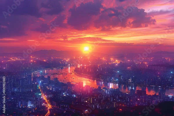 Fototapeta Vibrant Cityscape Overlooking a Large Lake during Sunset