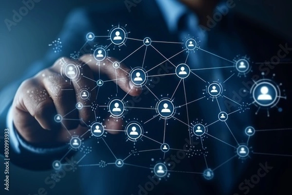 Fototapeta Human resources management peoples relation organization structure virtual screen mixed media double exposure.