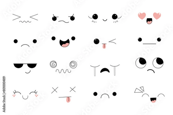 Fototapeta Kawaii Style Faces manga anime emotions, comic expressions, cute eyes collection isolated on white background. Doodle smiley mood design elements, 