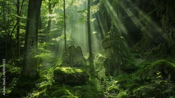 Fototapeta A deep forest glen where sun rays occasionally penetrate through, illuminating hidden ancient sculptures.