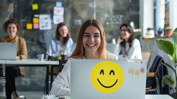 Fototapeta Imagining a happiness index at work, optimizing employee satisfaction and workplace efficiency in a hightech office