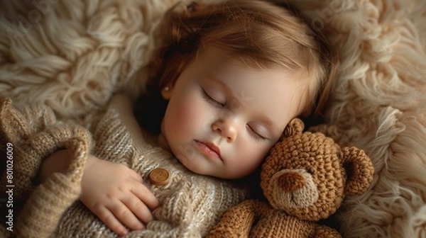 Obraz Sleeping baby girl hugged by her toy teddy bear When viewed from above Conveying the essence of innocence and comfort during quiet relaxation time.