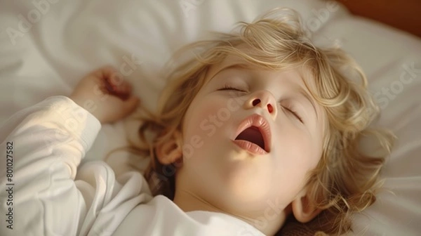 Fototapeta Funny face expression with open mouth of blonde caucasian three years old child, sleeping on king bed 