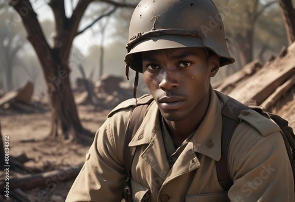 Fototapeta In the heart of the chaos of World War II, amidst the smoke-filled battlegrounds and the deafening roar of artillery, there stands a solitary figure, a black soldier, unbowed and resolute. 
