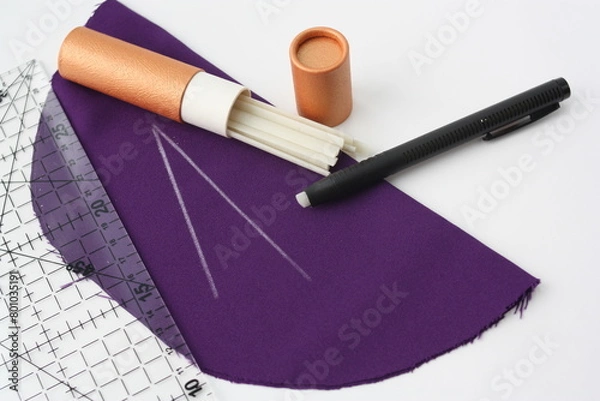 Obraz Crayons and crayons pen, tailor set. Concept of needlework, sewing, cutting fabric.