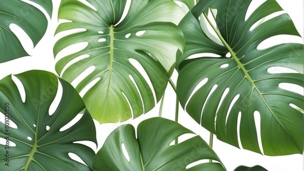 Fototapeta closeup of monstera leaves on plain white background from Generative AI