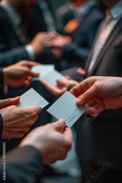 Fototapeta Exchange of business cards in a corporate setting showcasing hands and cards, a visual representation of networking and professional relationships.