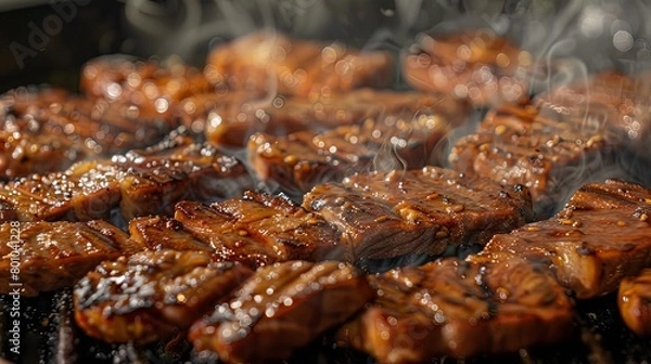 Fototapeta Close-up of marinated pork slices sizzling on a hot grill plate, releasing flavorful juices and enticing diners with the promise of tender and savory bites,