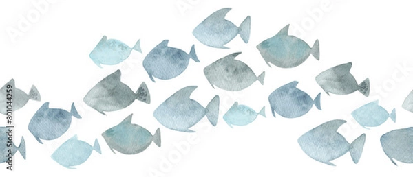 Fototapeta Seamless border with shoal of fish. Watercolor illustration with wavy pattern. Hand drawn isolated art. Flock of underwater world of ocean and sea. Sea animals for banner or ornament in blue color