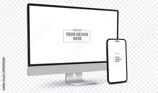 Obraz Desktop Computer and Mobile Phone Screen Perspective View Mockup. Digital devices template vector illustration with transparent background.