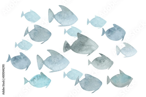 Fototapeta School of fish. Simple watercolor illustration. Hand drawn isolated art. Clipart of the underwater world. Blue color aquatic inhabitants of the sea,ocean. For seasonal design background