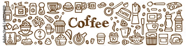 Fototapeta cartoon doodle collection set of coffee and beverage drink menu at coffee shop, brown bold line isolated on white background