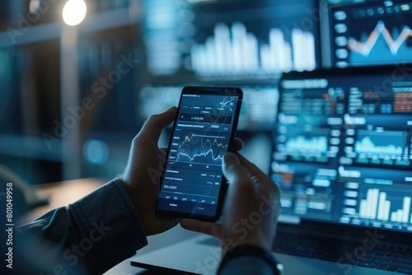 Fototapeta business, technology, internet and people concept - close up of man with laptop computer and smartphone with stock market chart on screen over office background