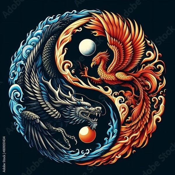 Obraz AI Generate A Dragon and Phoenix flying in circle create a yin yang pattern