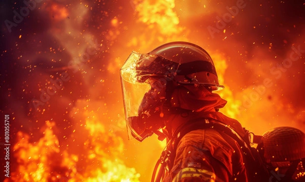 Fototapeta Firefighter at the epicenter of a forest fire