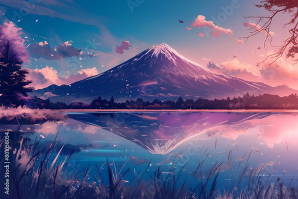 Obraz Majestic mountain and lake landscape, anime style