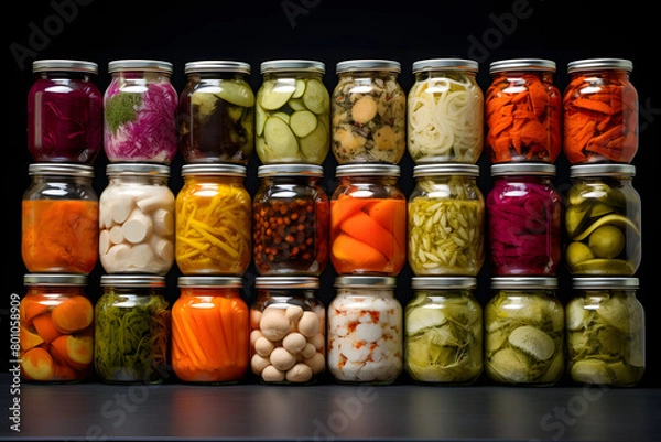 Fototapeta Jars with variety of pickled vegetables. Preserved food concept.