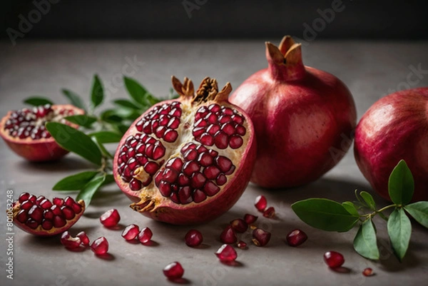 Fototapeta Pomegranate ai generated. Pomegranate fruit with seeds and leaves. Pomegranate background. Generative AI.