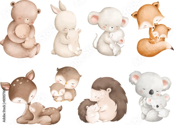 Fototapeta Watercolor Illustration Set of Mom and Baby Wooden Animals