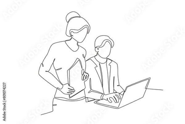 Fototapeta Continuous one line drawing about Colleagues working together and building good communication, Neighbor concept. Trendy one line drawing design vector illustration.
