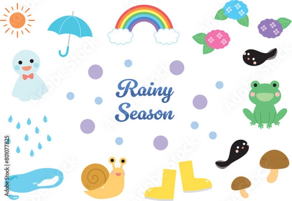 Fototapeta 梅雨のイラスト素材セット　雨季　かわいい