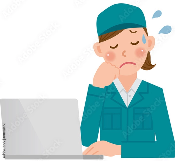 Obraz 作業員　パソコン　悩む　