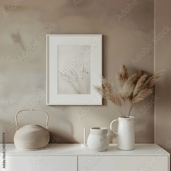 Fototapeta Vertical poster art mockup with beige wooden frame, dried grass in vase on white sideboard. Boho interior decoration. A4, A3 format. 3d rendering, illustration
