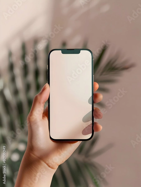 Fototapeta Blank mobile phone screen with mockup copy space in woman's hands in front of green palm tree branch with neutral white background. clean minimal aesthetic business brand template. Flat lay, top view
