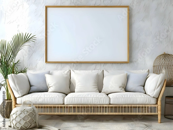 Fototapeta Wall art empty picture frame mockup in white coastal style living room with big couch, elegant personal accessoreis. Stylish home decor. Template. 3d rendering