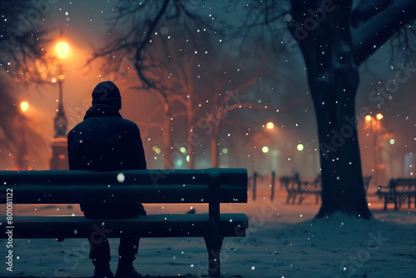 Fototapeta Man alone on a bench on a snowy night with dim lights