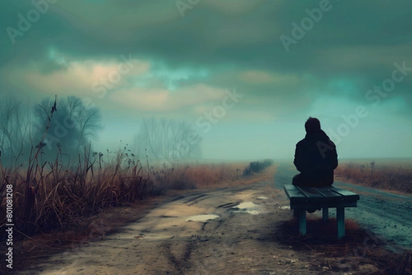 Fototapeta Sad and melancholic man sitting on a bench in a somber landscape