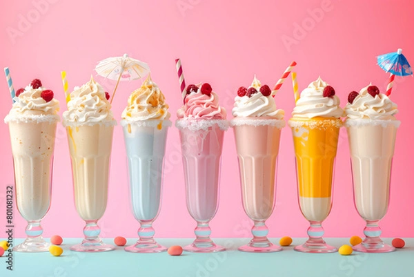 Fototapeta Delicious colorful milkshakes with cream on a pastel-colored background
