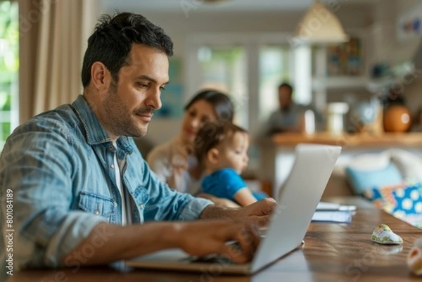 Fototapeta Young father works on laptop while his wife looks after child.Work from home parenting telecommuting, Generative AI