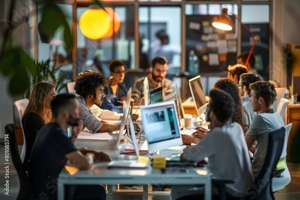 Fototapeta Group of business people and software developers working as a team in office, Generative AI