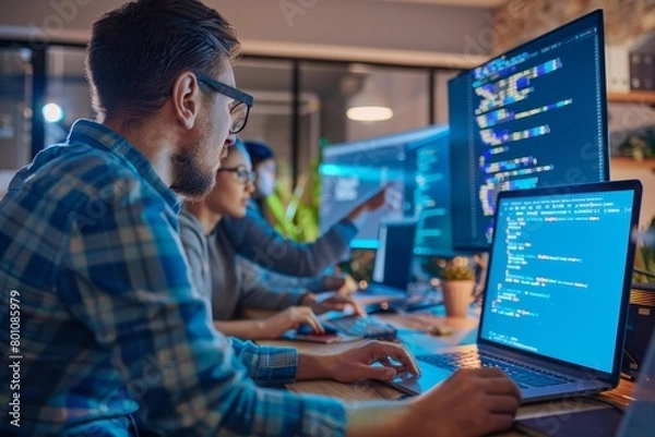 Obraz Programmers cooperating at IT company developing apps. People business work office concept, Generative AI