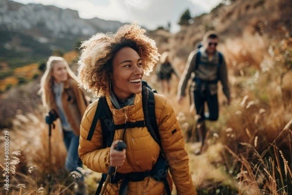 Obraz Friends hiking together outdoors exploring the wilderness, Generative AI
